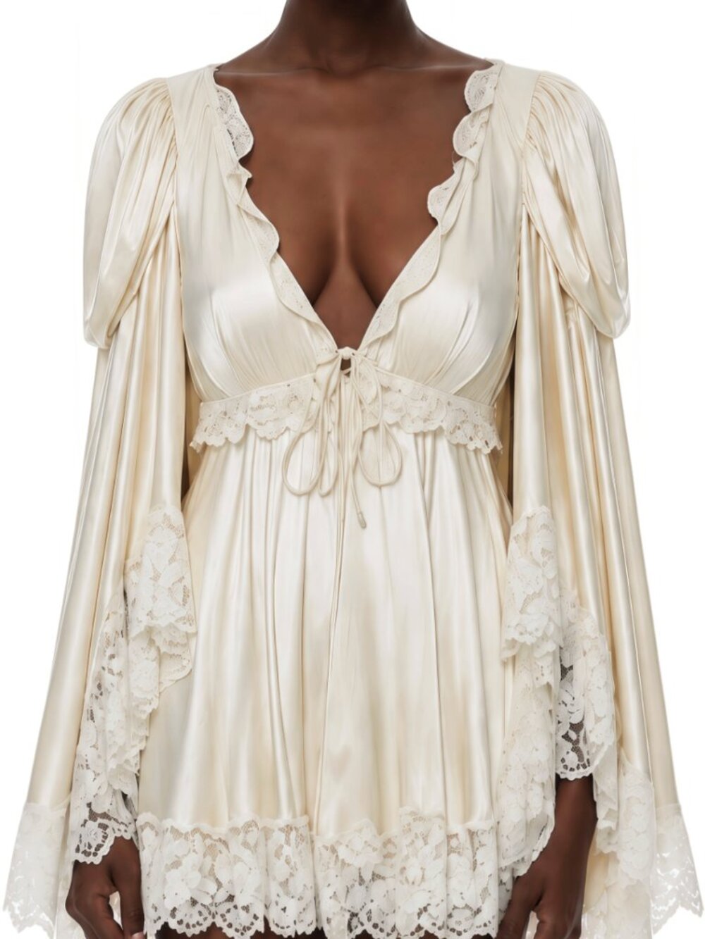 Miss Rosier Ngawai Champagne Sweetheart Mini Dress with Lace Trim Bridal - Small
